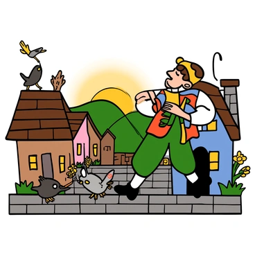 The Pied Piper is walking into a quaint village at dawn, with soft golden light illuminating the cobblestone streets. He has light skin and curly hair, wearing a colorful outfit with a vibrant vest and loose-fitting trousers. The Piper carries a wooden flute in one hand, and various curious animals, such as mice and birds, are following him closely. The quaint houses lining the street are adorned with flowers, and the faint silhouette of distant hills can be seen in the background. The overall atmosphere conveys a sense of anticipation as the village begins to awaken.