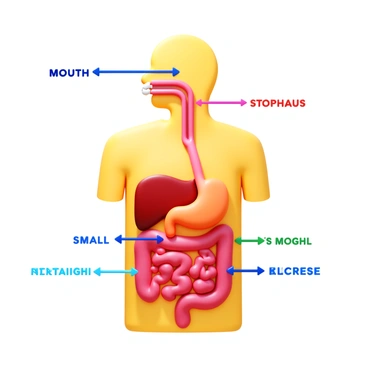 A detailed 3D icon of the human digestive system. The icon shows the "mouth" at the top, leading down through the "esophagus," into the "stomach," followed by the "small intestine" and "large intestine." Each section is clearly labeled with distinct colors. The "mouth" is depicted with teeth and a tongue, the "stomach" is shown with its muscular structure, and the "intestines" are illustrated as coiled tubes. Arrows indicate the flow of food through the system, enhancing the visual explanation of the digestive process.