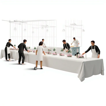 A spacious banquet hall with high ceilings and large windows is being set up by several caterers. Two male caterers, dressed in black dress shirts and white aprons, are arranging long tables covered with white tablecloths. A female caterer, wearing a black dress shirt and a white apron, is placing elegant centerpieces made of flowers and candles on each table. In the background, another male caterer is rolling out a large cart loaded with trays of food. Bright overhead lights illuminate the scene as the caterers communicate and move quickly, creating an atmosphere of efficiency and teamwork.