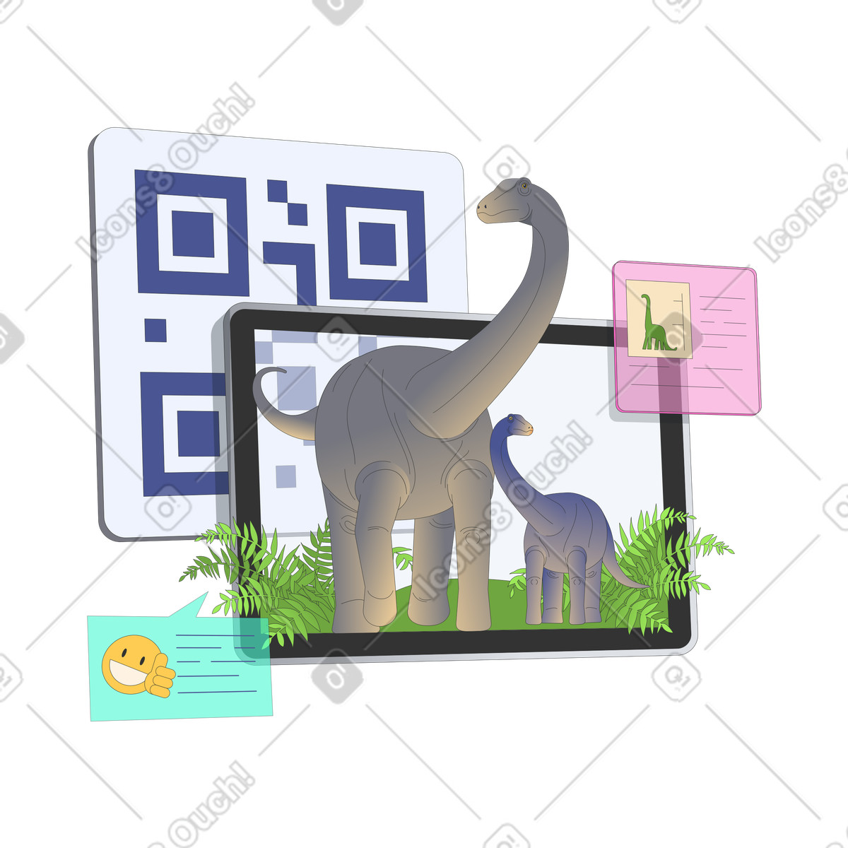 AR dinosaurs and QR code with info cards, Interactive exhibition or museum innovation illustration in Kit style download in PNG, SVG