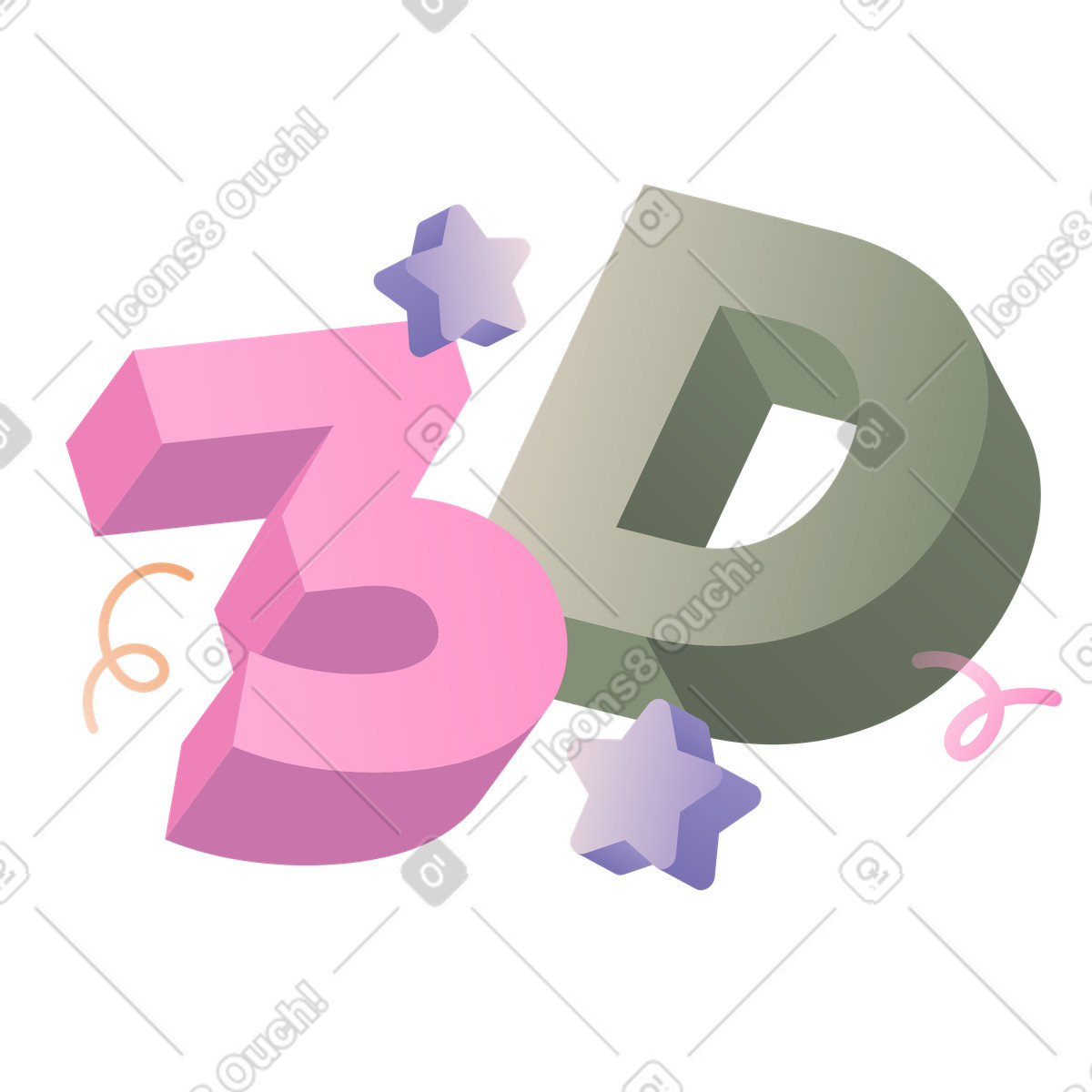 Word 3D with pastel stars and swirls, modeling prototyping illustration in Coworking style download in PNG, SVG