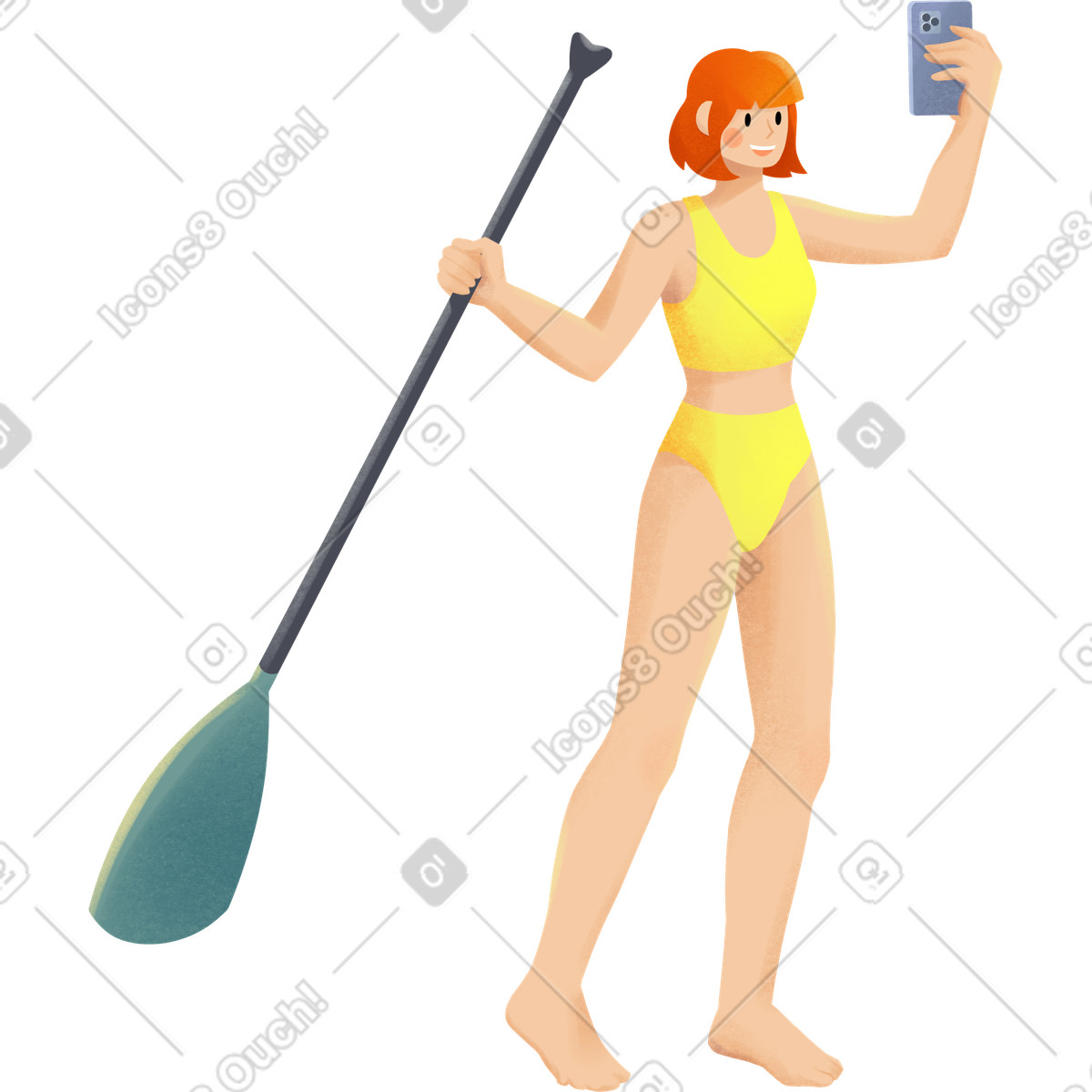 Shine スタイルの Young woman in yellow swimming suit is taking a selfie のイラストをPNG、SVG形式でダウンロード