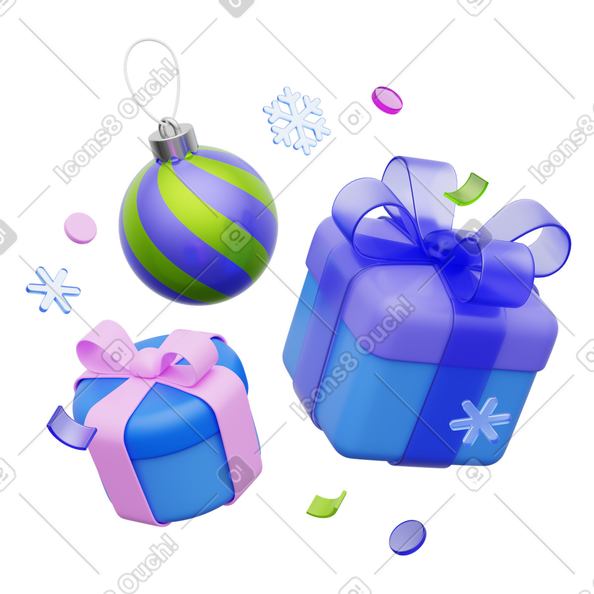 Ilustração de Presentes natal com enfeites e fitas, decoração festiva em no estilo 3D Playful para baixar em PNG, SVG