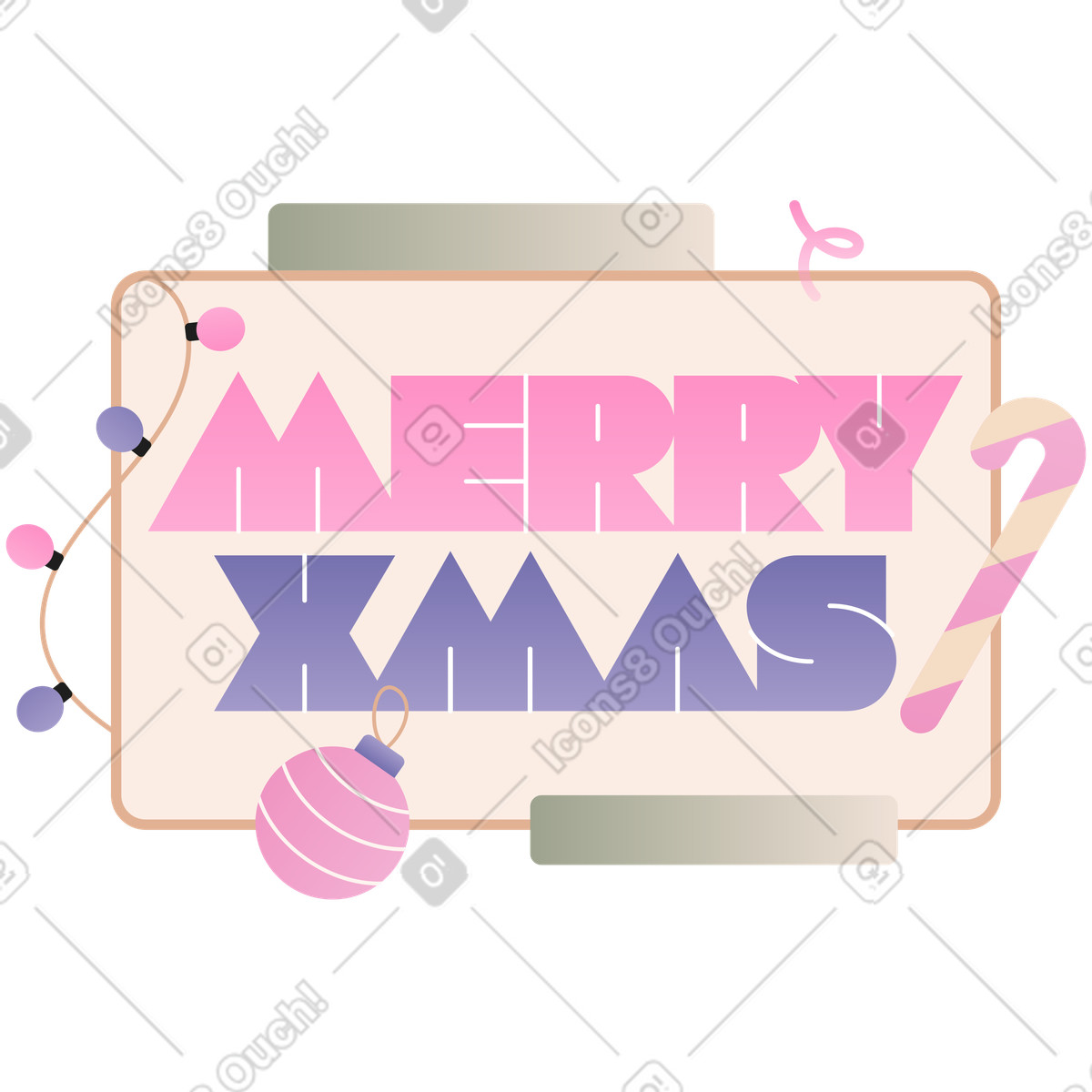 Lettering Merry Xmas with Christmas bauble and candy cane text illustration in Coworking style download in PNG, SVG