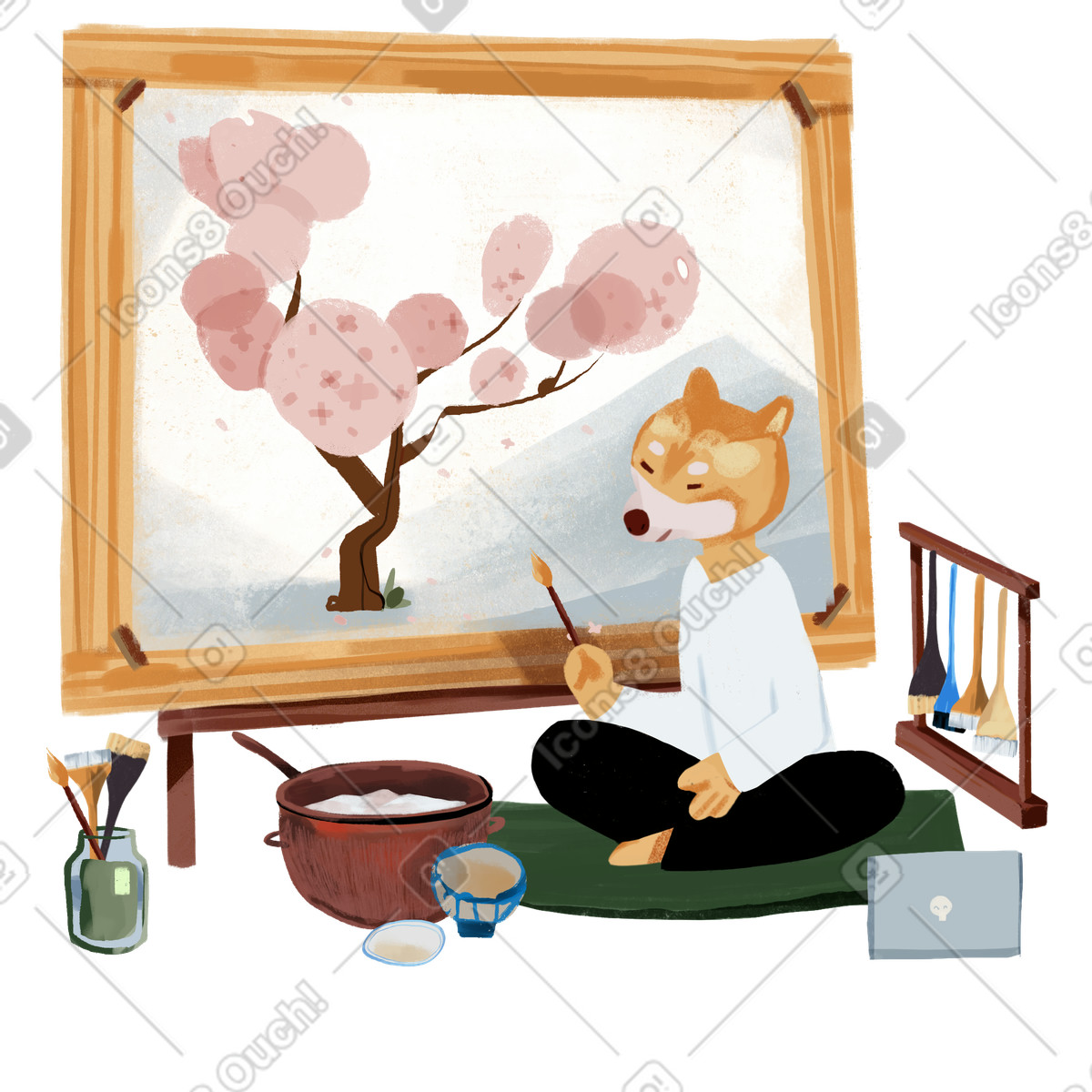 Artista in posizione del loto al lavoro nel suo laboratorio illustrazione stile Ikigai scarica PNG, SVG