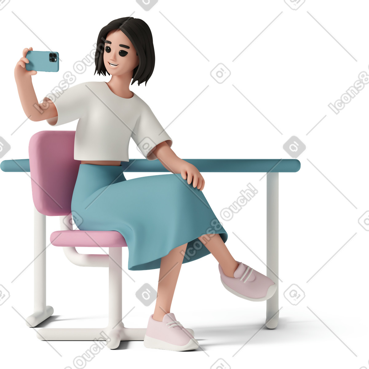 Scattare selfie mentre si è seduti alla scrivania, condividere e pubblicare sui social media illustrazione in stile 3D Casual life scarica in PNG, SVG