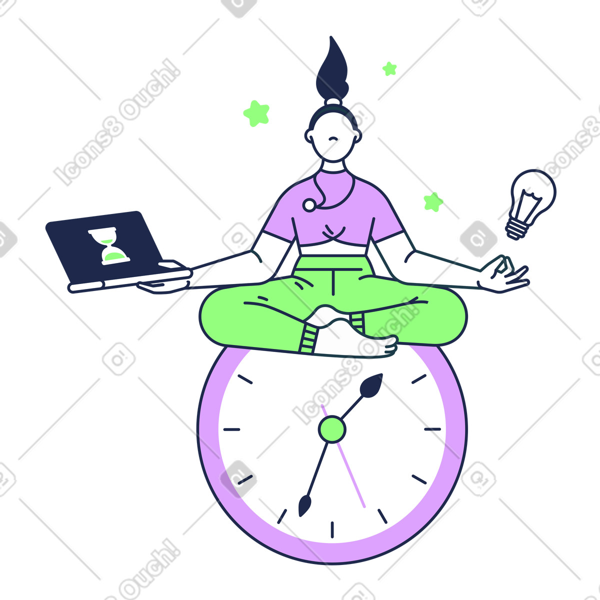 Иллюстрация Mediation on clock with laptop and lightbulb, work-life balance time management в стиле Outline — скачать в форматах PNG, SVG