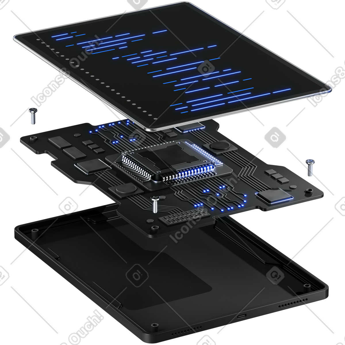 Ilustração de Motherboard layers with processor chip and floating code display panel em no estilo 3D Metallic para baixar em PNG, SVG
