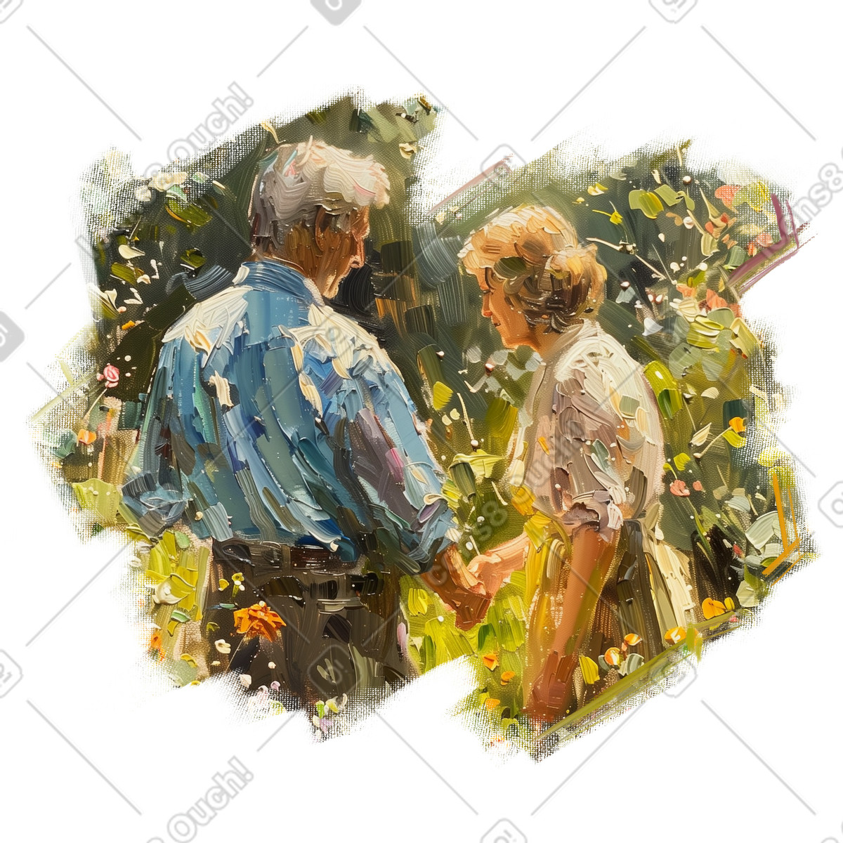 Oil painting illustration of an elderly couple in the garden clipart PNG SVG GIF