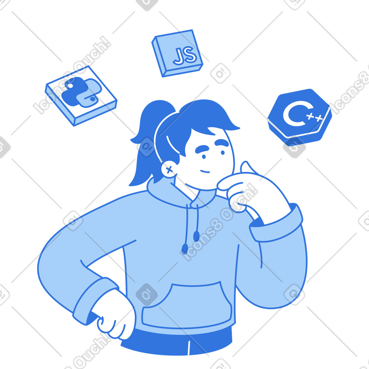 Illustration Developer thinking about language selection, Learning to code or choose tech stack dans le style Sky à télécharger aux formats PNG, SVG