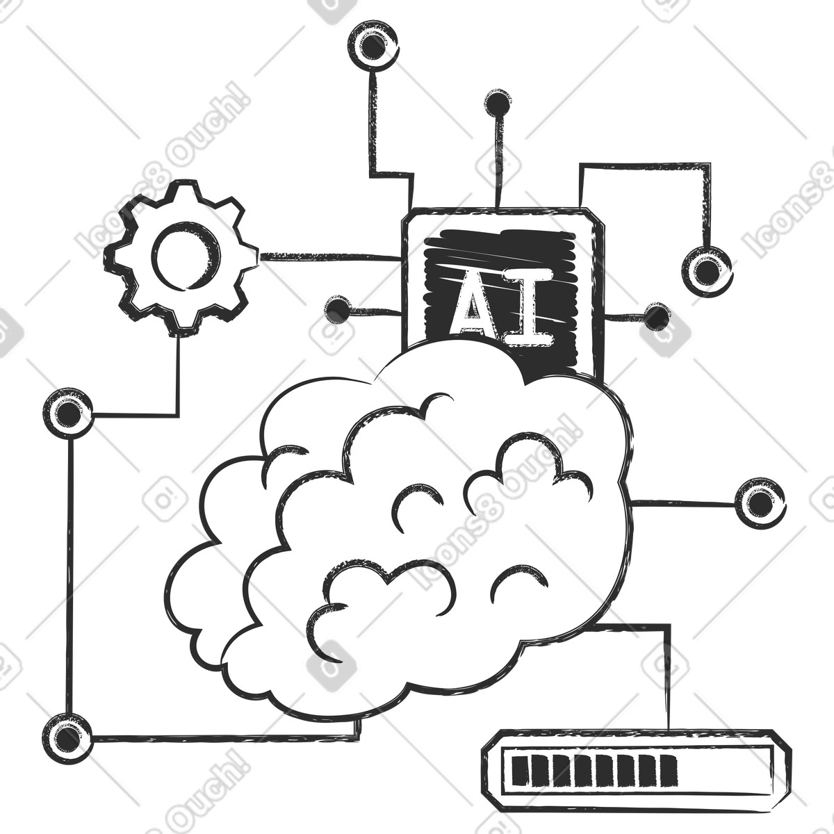 Brain and AI chip with network lines, Neural networks machine learning-Illustration im Graphite-Stil als Download in PNG, SVG