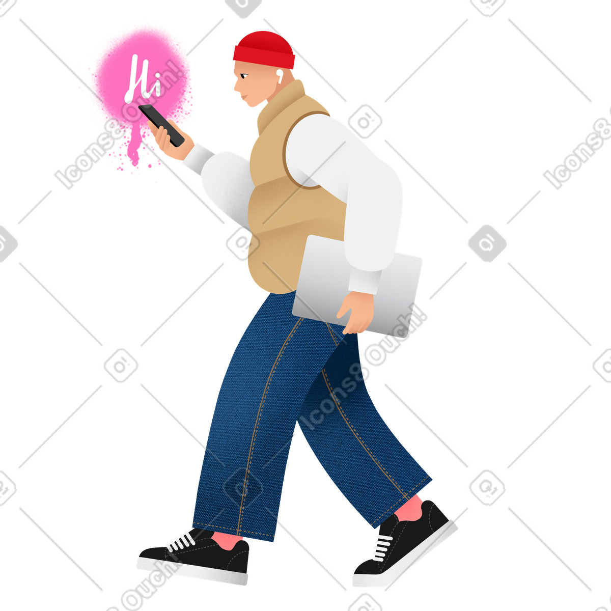 Young man texting on the go illustration in Patchwork style download in PNG, SVG