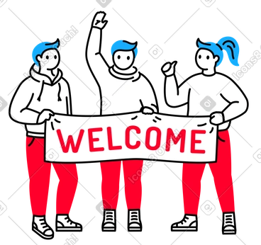 Two men and a woman holding welcome sign  PNG, SVG
