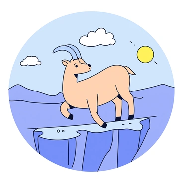 An ibex standing on a rocky cliff edge. The ibex has large, curved horns and a strong, muscular body. Below the cliff, there is a vast landscape visible, with rolling hills and valleys stretching into the distance. The sky above is clear with a few fluffy clouds. The sun is shining brightly, casting soft shadows on the ibex and the rocky surface. The overall scene gives a sense of height and openness.