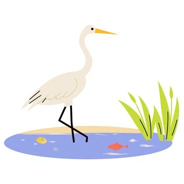 A crane standing elegantly on one long leg near the water's edge. The crane has a slender body with white feathers and a long neck. Its beak is poised just above the surface of "crystal clear water," which reflects the surrounding scenery. The water is calm, revealing the sandy bottom and a few pebbles. A fish can be seen just below the surface, darting in the water, while the crane's keen eyes are focused on it, ready to strike at any moment. Lush green reeds frame the scene, enhancing the natural habitat.