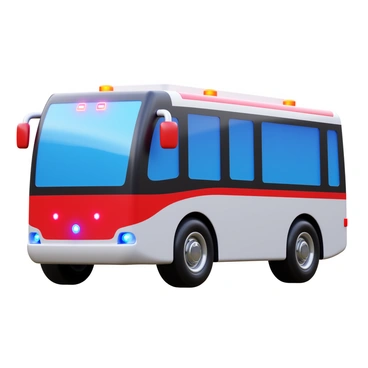 A smart bus designed with a sleek, aerodynamic shape. The exterior is equipped with high-tech emergency technology, including flashing lights and sirens. Automated safety features are highlighted, such as advanced cameras and sensors mounted on the bus. The windows are tinted for privacy, and the bus has a vibrant, eye-catching color scheme. The wheels are large and rugged, suitable for various terrains. The bus is positioned in an urban environment, ready to navigate the city streets efficiently.