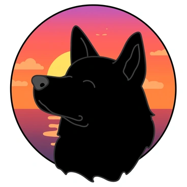 A black silhouette of a dog's face is prominently displayed against a vibrant sunset. The dog's ears are perked up, and its eyes are closed, adding a serene expression to the silhouette. In the background, the sunset features a gradient of warm colors, transitioning from deep orange at the horizon to shades of pink and purple higher in the sky. Soft, wispy clouds are scattered throughout the sunset, catching the light and enhancing the overall warmth of the scene. The silhouette captures the distinct features of the dog's face, including its snout and outline, creating a striking contrast against the colorful backdrop.