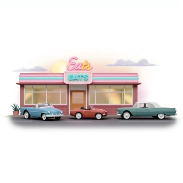 A cozy roadside diner, with a red and white exterior, featuring large glass windows that reflect the warm hues of the sunset. The diner has a classic neon sign that reads "Eats" in vibrant colors. In front of the diner, a row of classic cars, including a shiny blue convertible, a red muscle car, and a vintage green sedan, are parked on the asphalt. The sky is painted with shades of orange, pink, and purple as the sun sets behind the diner, casting soft light on the scene. There are a few potted plants near the entrance, adding a touch of greenery to the inviting atmosphere.