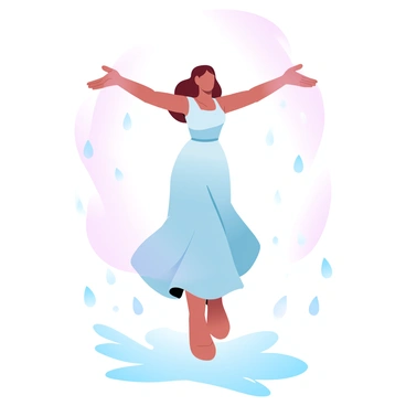A woman standing in the rain with her arms open wide. She is wearing a long, flowing dress that drapes elegantly around her. Raindrops are falling around her, creating a gentle splash at her feet. The background is filled with soft, gradient pastel colors, blending harmoniously to enhance the atmosphere. Light reflects on the wet surface, adding to the serene feel of the scene. A subtle aura surrounds her, emphasizing her connection with the rain and her emotions.