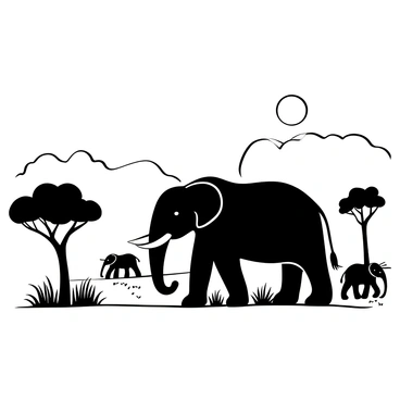 A large elephant walking confidently in front of a group of smaller elephants on the African savannah. The landscape features sparse trees and tall grass, with the setting sun casting long shadows. The scene captures the silhouettes of the elephants against the horizon, where the sky is filled with layers of light and shadow. The ground is uneven, with patches of dirt and scattered shrubbery.