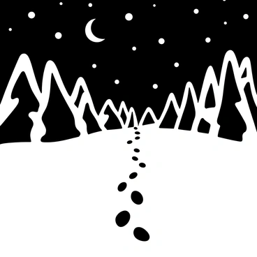A trail of mysterious footsteps leading away across a snowy landscape. The snow is thick and untouched except for the footprints that disappear into the distance. Above, a moonlit sky is filled with stars, illuminating the scene with a soft glow. The surrounding trees are heavy with snow, their branches gently weighed down, creating a quiet and tranquil atmosphere. The footprints are deep and well-defined, suggesting a solitary figure has passed this way.