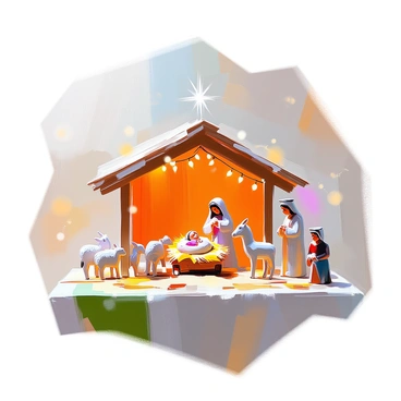 A miniature manger scene set up on a wooden tabletop for display. The manger is crafted from light-colored wood, with intricate details depicting the structure's thatched roof and open front. Inside, there is a small figurine of a newborn baby wrapped in a cloth, surrounded by a few animals including a sheep and a donkey, both made of ceramic. The scene includes a small figurine of Mary and Joseph standing beside the manger. In the background, delicate twinkling lights are strung up, adding a soft glow to the display. The tabletop is adorned with a simple green cloth that complements the colors of the manger and figures.