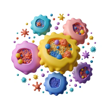 A group of colorful cells depicted in a vibrant, dynamic arrangement, each cell exhibiting distinct features and shapes. The cells are actively engaging in the process of protein synthesis, with some cells showing ribosomes and rough endoplasmic reticulum. Various molecular structures, such as amino acids and polypeptide chains, are visible in the scene, illustrating the intricate process taking place. Light rays highlight the activity, emphasizing the collaborative nature of the cells as they work in harmony to produce proteins essential for the body.