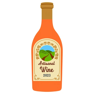 A classic vintage label design for an artisanal wine bottle. The label features an ornate border with intricate floral motifs in muted earth tones. In the center, there is a decorative emblem showcasing a vineyard scene with rolling hills and grapevines. The label includes the text "Artisanal Wine" in elegant cursive font, prominently displayed at the top. Below the emblem, the year "2023" is printed in bold, vintage-style lettering. The background of the label has a textured parchment appearance, enhancing the vintage feel. The overall composition is well-balanced, creating an inviting appearance for the wine bottle.