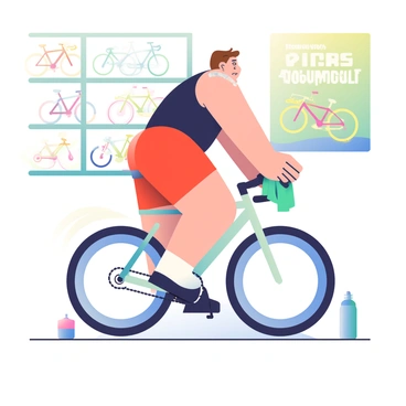 A determined cyclist with short brown hair is pedaling vigorously on a stationary bike in a brightly lit indoor cycling studio. The cyclist is wearing a tight-fitting black tank top and red cycling shorts. Sweat is glistening on their forehead and arms, indicating the intensity of the workout. The background features an array of colorful cycling bike silhouettes on the walls, and a motivational poster with the phrase "Push Yourself" is visible. A water bottle is placed on the floor next to the bike, and a towel is draped over the handlebars.