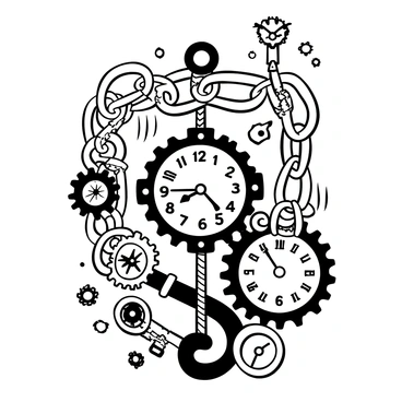 A collier designed in a steampunk style, featuring intricate gears and vintage clock faces embedded throughout. The collier’s chain is composed of interlocking metal links, with small cogs and wheels hanging from it. The clock faces display various times, with roman numerals and ornate hands. There are additional decorative elements, such as small steam pipes and rivets, enhancing its mechanical appearance. The overall design showcases an elaborate fusion of vintage and industrial aesthetics, emphasizing craftsmanship with a detailed finish.