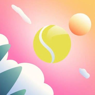 A yellow tennis ball is soaring high in a sky painted with shades of orange and pink as the sun sets in the background. The tennis ball is captured mid-flight with slight motion blur to emphasize its speed. Below, the silhouette of trees can be seen against the vibrant sky, adding depth to the scene. The sun is partially hidden behind the horizon, casting a warm glow that reflects subtly on the tennis ball.