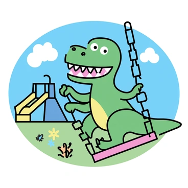 A T-Rex with green scales and a wide grin is sitting on a swing, its tiny arms grasping the chains. The swing is bright red, contrasting against the vibrant colors of the playground. In the background, there is a yellow slide and blue climbing structure, surrounded by a grassy area dotted with colorful flowers. The sky is blue with fluffy white clouds, adding to the cheerful atmosphere of the scene.