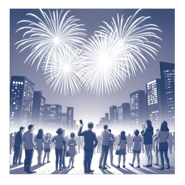 A scene depicting a new year celebration in a bustling urban environment. People are gathered in various groups, some holding drinks and others wearing festive clothing. Fireworks are exploding in the night sky, producing intricate patterns and shapes above the skyline. The buildings below are silhouetted against the bright bursts of light, creating a dynamic and exciting atmosphere. Some individuals are capturing the moment with their phones, while others are cheering and embracing. The ground is adorned with festive decorations and confetti, enhancing the celebratory mood.