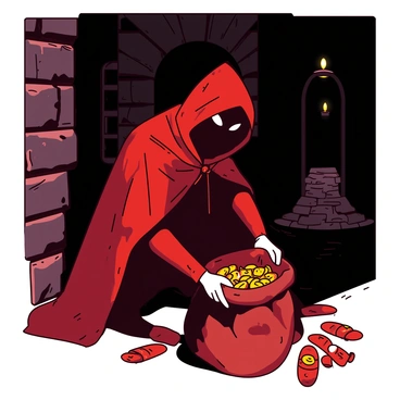 A red bandit wearing a dark mask and a long cloak is crouched in a shadowy alleyway. The alley is lined with weathered stone walls that create a sense of confinement. The bandit is holding a brown sack filled with various stolen goods, which are partially visible, including shimmering gold coins and sparkling jewelry. The dim light casts deep shadows around the bandit, enhancing the mysterious atmosphere of the scene. The alleyway is narrow, with a cobblestone floor that reflects faint glimmers from a distant streetlamp.