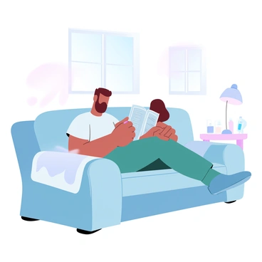 A person is sitting on a comfortable couch, focused on painting their nails with a bright pink nail polish. The couch has soft, inviting cushions and a cozy blanket draped over one arm. In their other hand, they are holding an open book with colorful pages. A small table beside the couch is cluttered with various nail polish bottles in pastel colors and a little lamp emitting warm light. A large window in the background lets in soft, natural light, enhancing the cozy atmosphere of the scene.