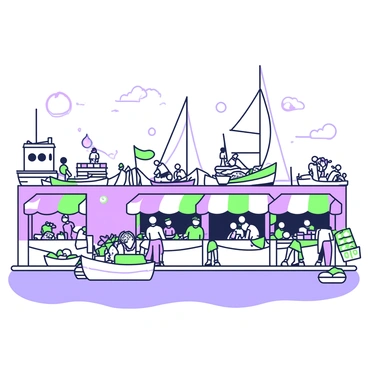 A Mediterranean harbor filled with boats bobbing gently in the water. In the foreground, there are several market stalls adorned with various goods. Each stall is covered with colorful awnings displaying fruits, vegetables, and local crafts. People are seen interacting and browsing through the items. In the background, a series of fishing boats are moored alongside the docks, their nets neatly arranged. The sky above is clear, allowing the sun to illuminate the lively scene.