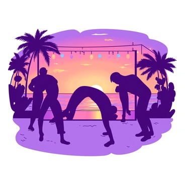 Silhouettes of several people are bending backward to limbo under a colorful bar on the beach. The figures are positioned against a vibrant sunset backdrop, where the sky is painted in shades of orange and purple. The sandy beach is visible in the foreground, and the ocean waves gently lap at the shore. A few palm trees are silhouetted on the sides, adding to the tropical atmosphere. The light casts a warm glow over the scene, emphasizing the playful energy of the limbo challenge.