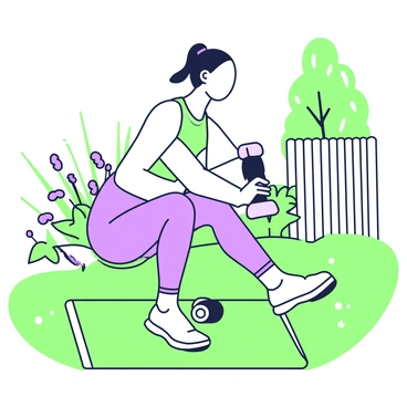 A woman is performing Russian twists in her backyard as part of her morning exercise routine. She is sitting on a green yoga mat, with her legs bent and elevated above the ground. Her arms are extended in front of her, holding a weight. The background features a well-maintained lawn, surrounded by flowering plants and a wooden fence. Sunlight filters through the trees, casting soft shadows on the ground. The woman is wearing comfortable athletic clothing, which includes a tank top and leggings. She has her hair tied back in a ponytail, focused on her form as she twists her torso to the sides.