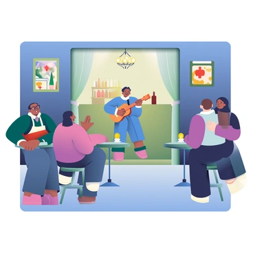 A dimly lit speakeasy interior features a small stage with a lone guitarist performing. The audience members are seated at small, round tables with flickering candles casting soft shadows. A group of individuals near the entrance is quietly whispering to each other, with one person gesturing towards the location. The room is decorated with vintage posters and soft fabric drapes. In the background, a bar is stocked with various bottles, and an old-fashioned chandelier hangs from the ceiling, providing a warm glow. The atmosphere feels intimate and exclusive.