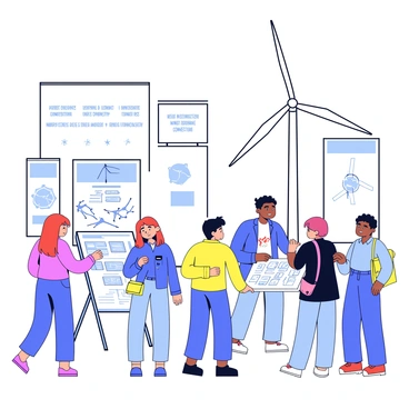 A group of visitors interacting with various exhibits at a wind energy expo. The exhibits display different types of wind turbine technology, including a tall, white wind turbine model with large spinning blades. Some visitors are examining a detailed poster that illustrates the mechanics of wind energy conversion. Others are gathered around a small, interactive display showing how wind turbines generate electricity. The setting has a bright and open atmosphere, with banners showcasing renewable energy slogans hanging from the ceiling.