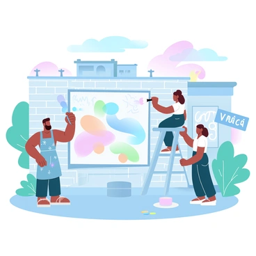 A group of three artists is working on a large mural on the side of a brick building. The first artist, wearing a paint-splattered apron, is holding a paintbrush and applying vibrant colors to the wall. The second artist is standing on a ladder, carefully painting intricate designs, while the third artist is mixing paint on a palette nearby. Around them, the urban environment features buildings with graffiti art, colorful street signs, and lush greenery from nearby trees. A few paint cans are scattered on the ground, and the sky above is a soft gradient of pastel colors, contributing to the lively atmosphere.