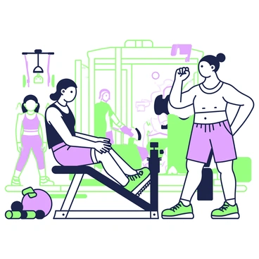Two friends are engaged in a leg press workout session at a fitness center. One friend is seated on the leg press machine, pushing against the platform with their feet, while the other friend stands next to the machine, offering encouragement. The friend on the machine has a focused expression, wearing a tank top and athletic shorts. The supportive friend is leaning slightly forward, with a hand raised in a fist pump, smiling enthusiastically. Surrounding them, various gym equipment can be seen, including weights and exercise mats. The atmosphere is lively, with other gym-goers in the background engaged in their workouts.