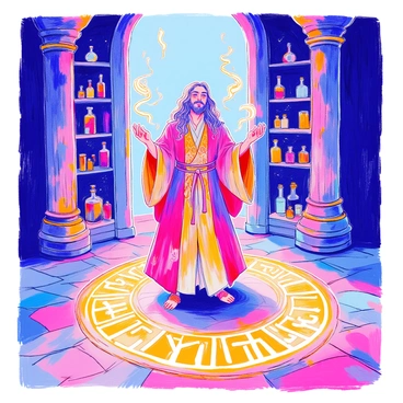 A powerful sorcerer stands at the center of a dimly lit room, performing a summoning ritual. The sorcerer is dressed in a flowing robe adorned with intricate patterns, and his long hair cascades down his shoulders. His hands are raised, and a concentrated expression is on his face. Surrounding him are glowing symbols etched into the stone floor, illuminating the space with a soft golden light. The air is filled with wisps of ethereal energy, creating an atmosphere of magic and mystery. In the background, shelves lined with ancient tomes and potion bottles add to the mystical ambiance.