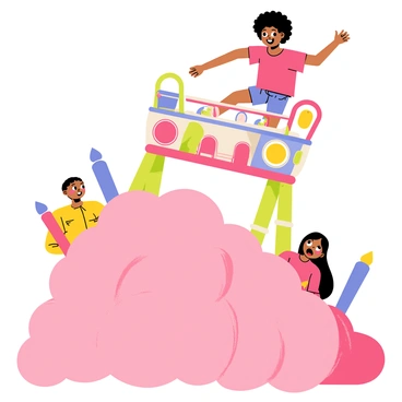 A child with curly hair wearing a bright red t-shirt is falling off a colorful amusement park ride. The ride is adorned with vibrant lights and patterns. Below, a large pile of fluffy pink cotton candy is positioned to catch the child. The cotton candy appears soft and billowy, creating a safe landing spot. The background features cheerful onlookers with surprised expressions, and colorful carnival decorations surround the scene.