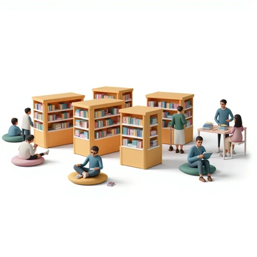 A cozy book fair featuring numerous neatly arranged book stalls made of warm wood, displaying a variety of colorful book covers. There are several readers scattered throughout the fair, some seated on comfortable cushions, engrossed in their books, while others are browsing the shelves. In the background, a couple of authors, one wearing glasses and a green sweater, and another in a blue shirt, are seated at tables, signing copies of their books and chatting with fans. The atmosphere is warm and inviting, with soft lighting illuminating the scene.