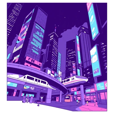 A duotone cityscape featuring tall skyscrapers with intricate designs illuminated by glowing neon lights. The buildings are adorned with bright signs and digital billboards displaying various advertisements. In the foreground, a sleek, elevated train glides through the city, surrounded by bustling streets filled with small vehicles. The sky above is deep with a contrasting hue, enhancing the brightness of the neon lights. People can be seen walking on the sidewalks, engaged in various activities, adding life to the scene.