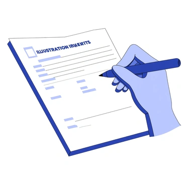 A close-up of a person's hand is shown holding a pen, poised above the bottom of an illustration request form. The form is neatly printed with clearly defined sections and lines for information. The person's fingers are grasping the pen with a focused grip, ready to sign. The signature area is empty, emphasizing the act of signing. The background is unobtrusive, allowing the details of the hand and pen to stand out.