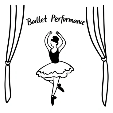 A ballet dancer in a flowing costume is captured mid-performance on a stage. The dancer's arms are elegantly positioned above her head, creating beautiful curves. The costume features layers of fabric that swirl around her as she moves, adding a sense of motion. The stage is adorned with curtains draped elegantly on either side, enhancing the focus on the dancer. Soft light illuminates the scene, highlighting the intricate details of the costume. Words "Ballet Performance" appear prominently above the dancer, framing the action.