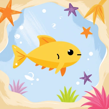 A rare "Magikarp" swimming gracefully in a vibrant tide pool. The tide pool is filled with various "starfish" in shades of orange and purple, and "sea anemones" in bright pink and green colors swaying gently in the water. The water is clear, allowing for a view of the sandy bottom littered with small pebbles. Sunlight filters through the surface, casting shimmering patterns on the rocks surrounding the tide pool.