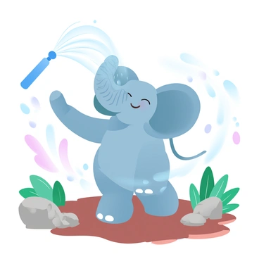 A baby elephant being playfully hosed off in a zoo enclosure